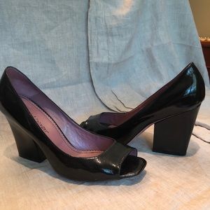 Jean-Michel Cazabat black patent peep toe pumps.